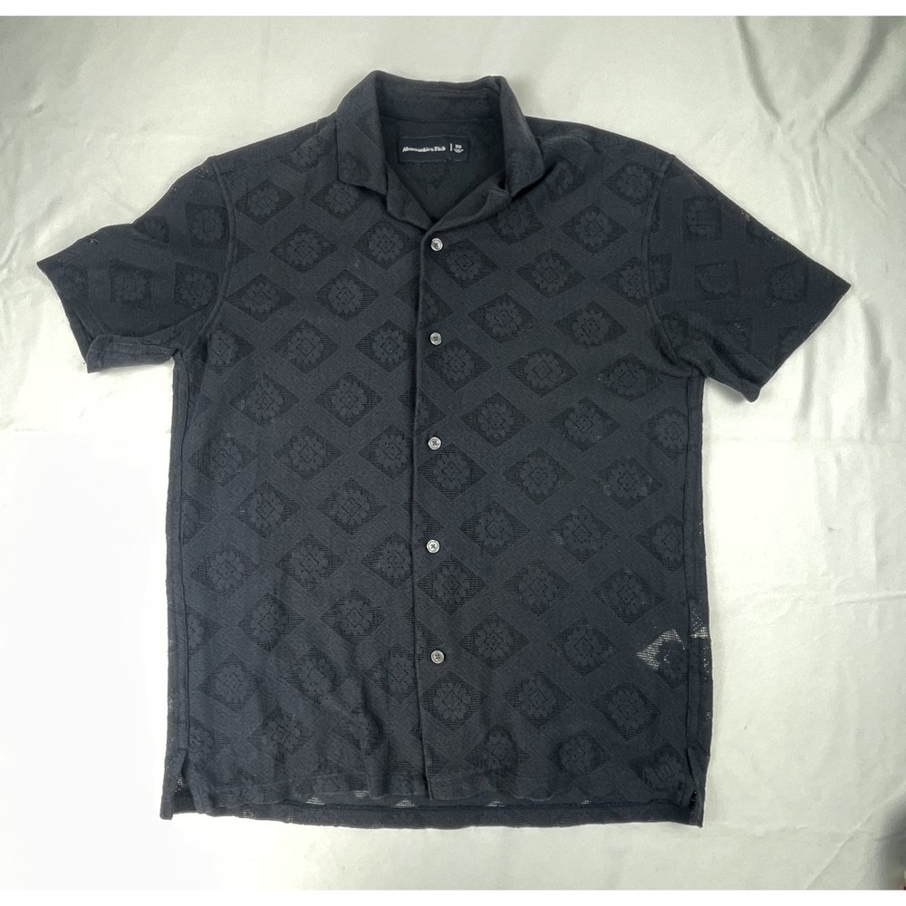 ABERCROMBIE & FITCH MENS XS BLACK GEOMETRIC OPEN KNIT CAMP SHIRT BUTTON FRONT